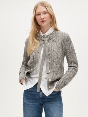 J.Crew Heather Gray Cable-knit bow cardigan in wool blend